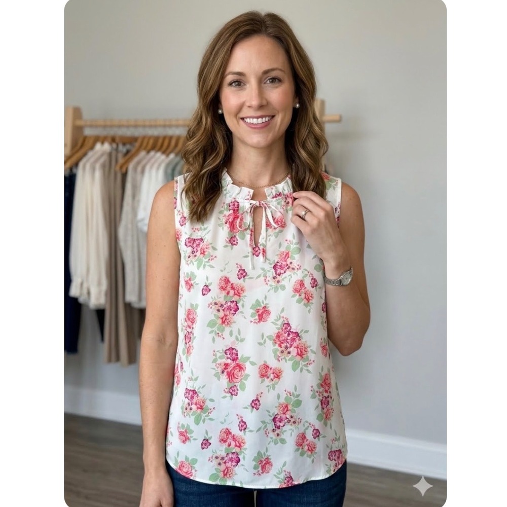 Jon & Anna Floral Blouse Womens L Sleeveless Ruffle Neck Cottagecore Boho Office